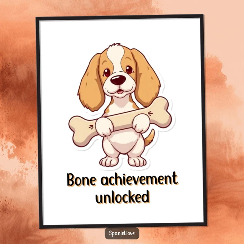 Funny Spaniel Digital Art Print: A spaniel with a proud look carries a comically oversized bone, a humorous image.