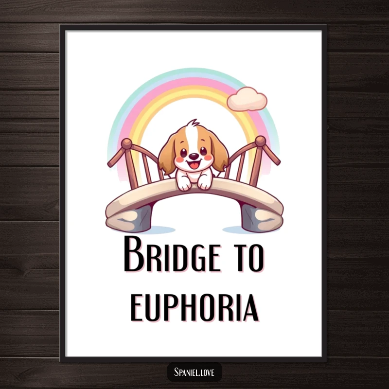 Funny digital art print of a giddy spaniel character smiling as it slides down a rainbow bridge.