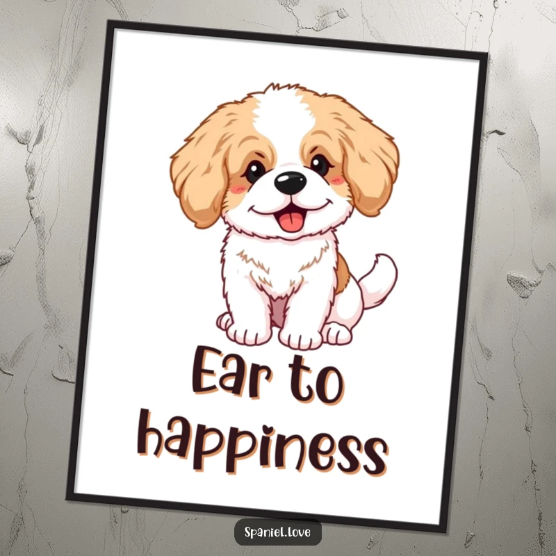 Funny fluffy spaniel puppy with huge ears and a furiously wagging tail, presented as a charming digital art print.