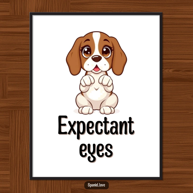 Funny digital art print of a spaniel sitting upright with wide, excited eyes and its paws clasped expectantly.