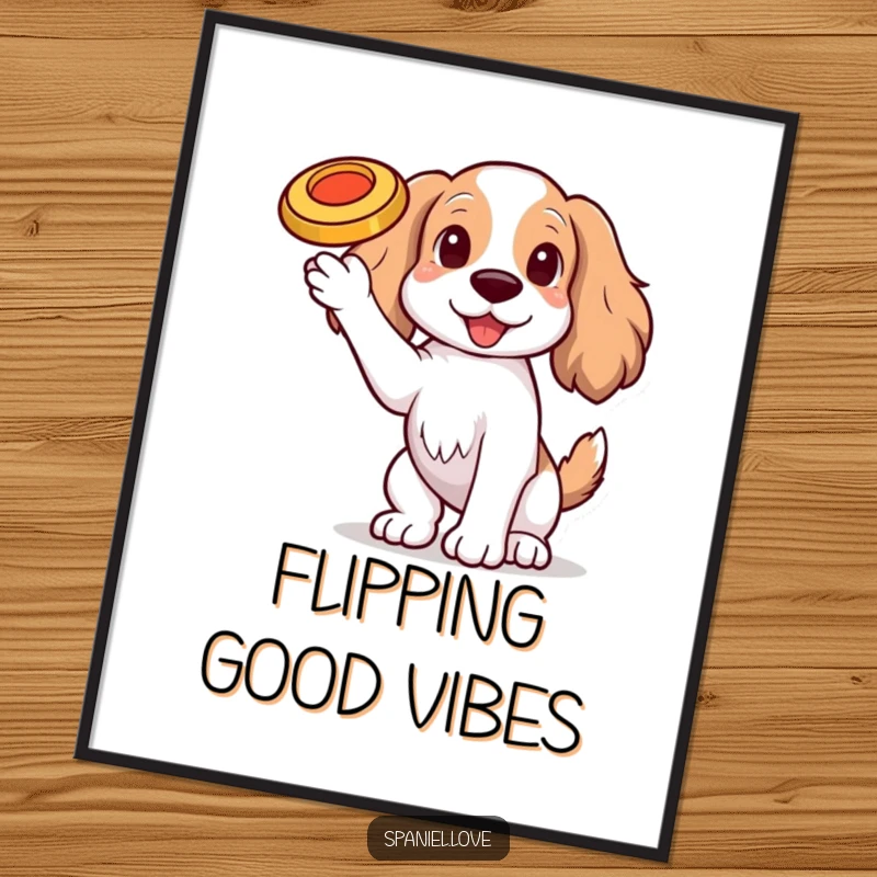 Funny Spaniel dog with one paw raised, balancing a tiny, spinning frisbee on its nose on a digital art print, perfect for fun decor.