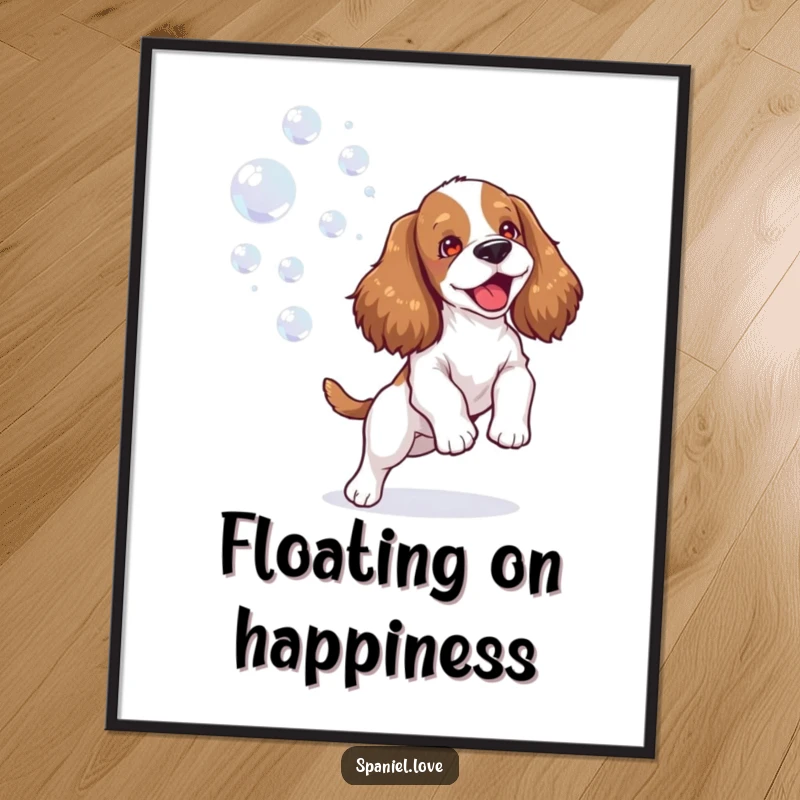 Funny spaniel digital art print showing a happy dog joyfully playing with bubbles, bringing pure joy and playful humor.