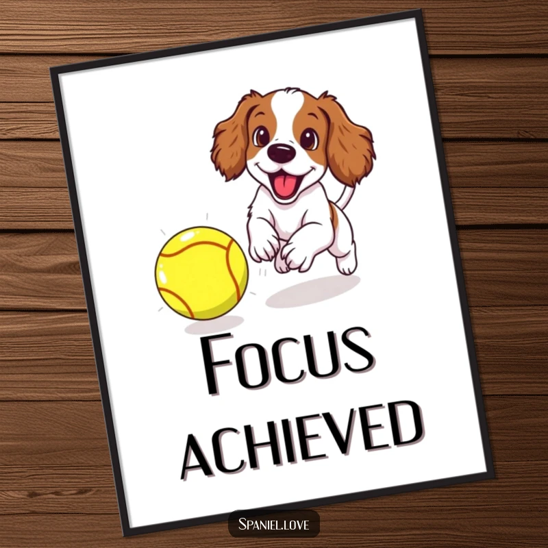 Funny spaniel puppy excitedly chasing an oversized tennis ball, available as a digital art print download.