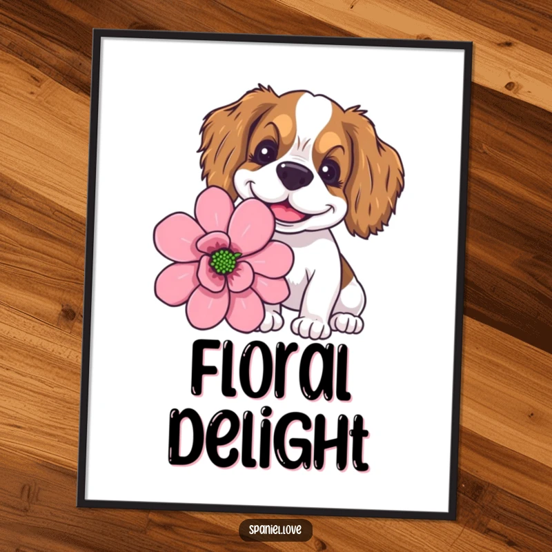 Funny spaniel with a wide, goofy smile sniffing a giant flower, captured as a whimsical digital art print.