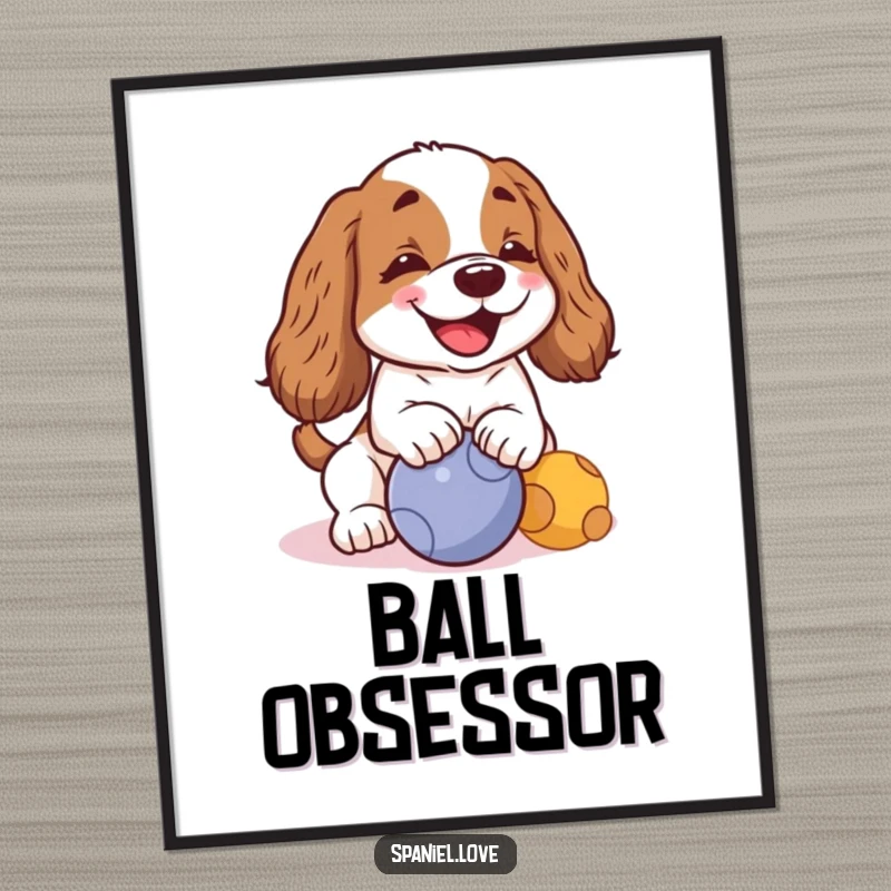 Funny kawaii spaniel barking and nudging a ball, presented as digital art for instantly uplifting and humorous decor.