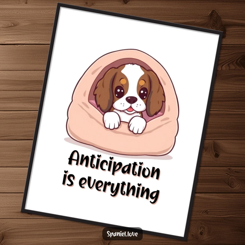 Funny spaniel peeking from a dog bed, digital art print, conveying humor and anticipation.