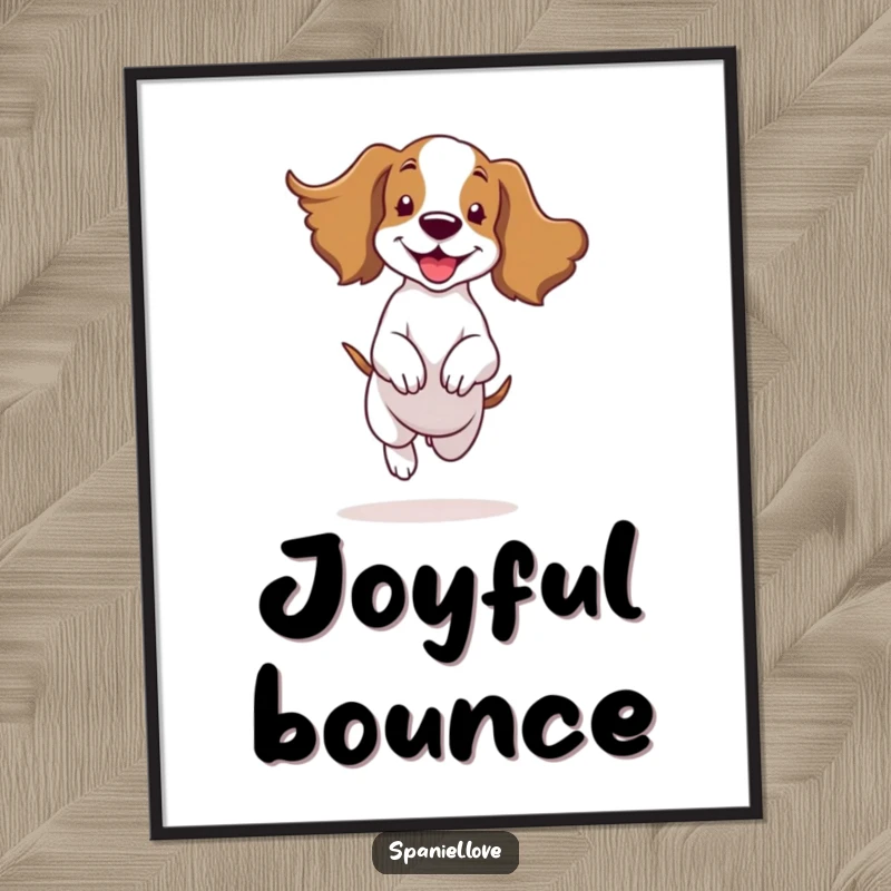 Funny spaniel character joyfully bouncing with ears flapping in the wind, captured as a whimsical digital art print.
