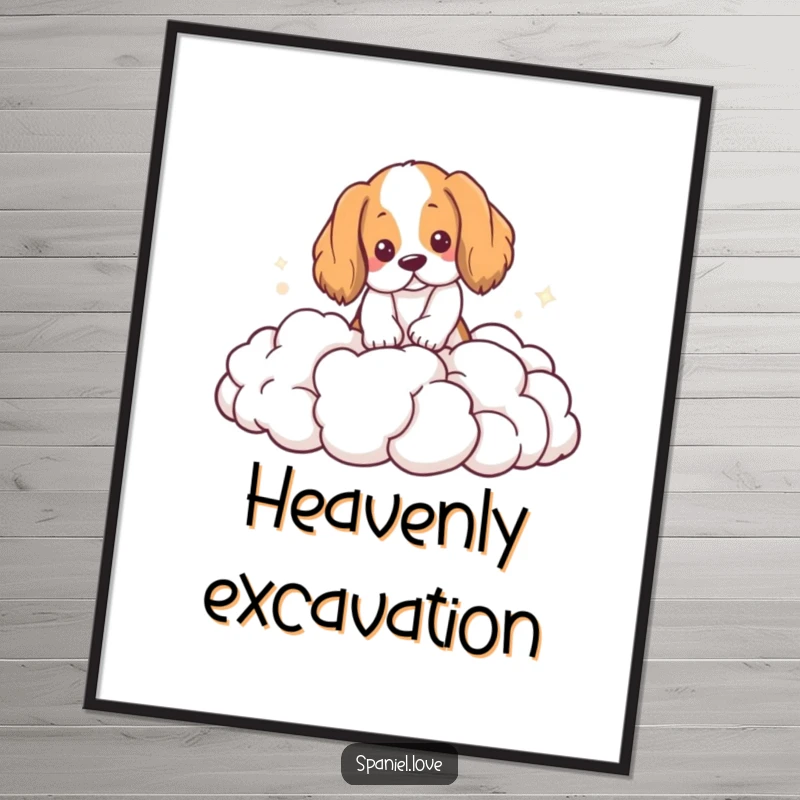 Funny Spaniel Digital Art Print: A spaniel joyfully digs into a pile of fluffy clouds, a whimsical and fun image.
