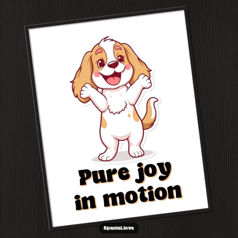 Funny Spaniel Digital Art Print: A vibrant, high-quality image of a happy dog doing a comical dance with a wagging tail.