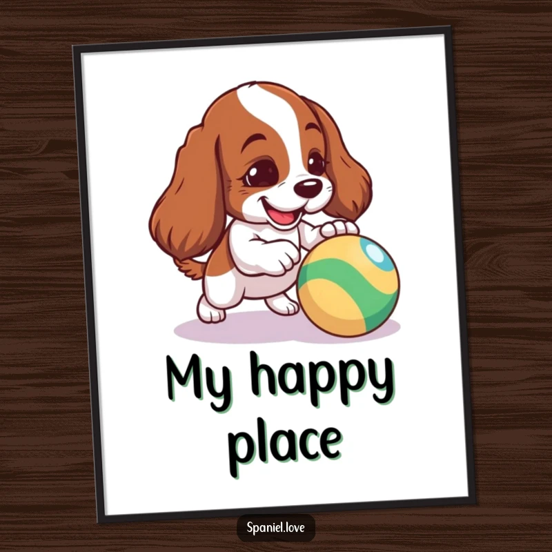 Funny Spaniel Digital Art: A mischievous spaniel playfully nudging a colorful bouncing ball, a fun illustration.