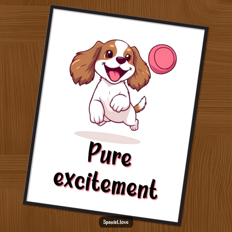 Funny digital art print of a happy spaniel mid-leap for a frisbee, tongue out, embodying pure, joyful doggy energy.