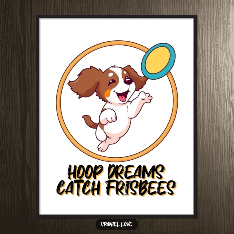 Funny Spaniel Digital Art: A spaniel leaps through a hoop catching a frisbee, a dynamic and humorous artwork for your walls.