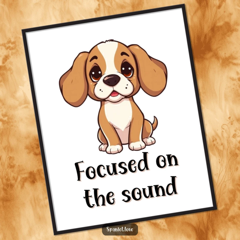 Funny Spaniel digital art print of a character tilting its head, listening intently with curiosity. This artwork promotes a sense of focused attention and thoughtful engagement.