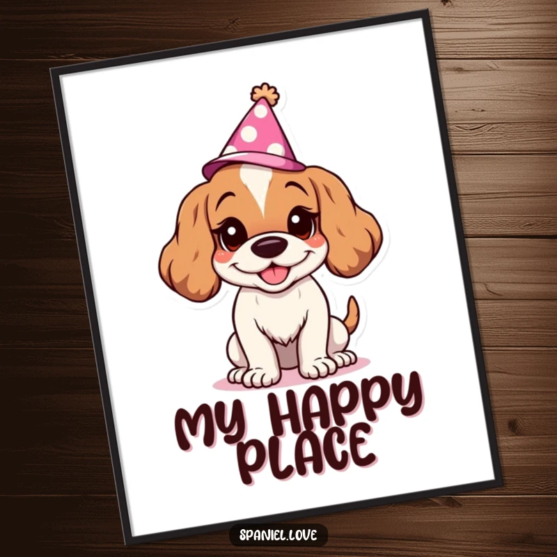 Funny Spaniel digital art print of a character with a goofy grin and party hat, radiating pure celebration. This artwork is perfect for instant joyful decor.