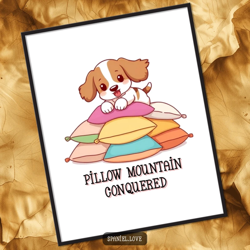 Funny Spaniel Digital Art Print of a spaniel joyfully pouncing on a pile of pillows, perfect for playful decor.
