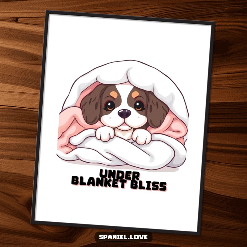 Funny digital art print of a spaniel puppy peeking from a pile of soft blankets, capturing a moment of endearing sweetness.