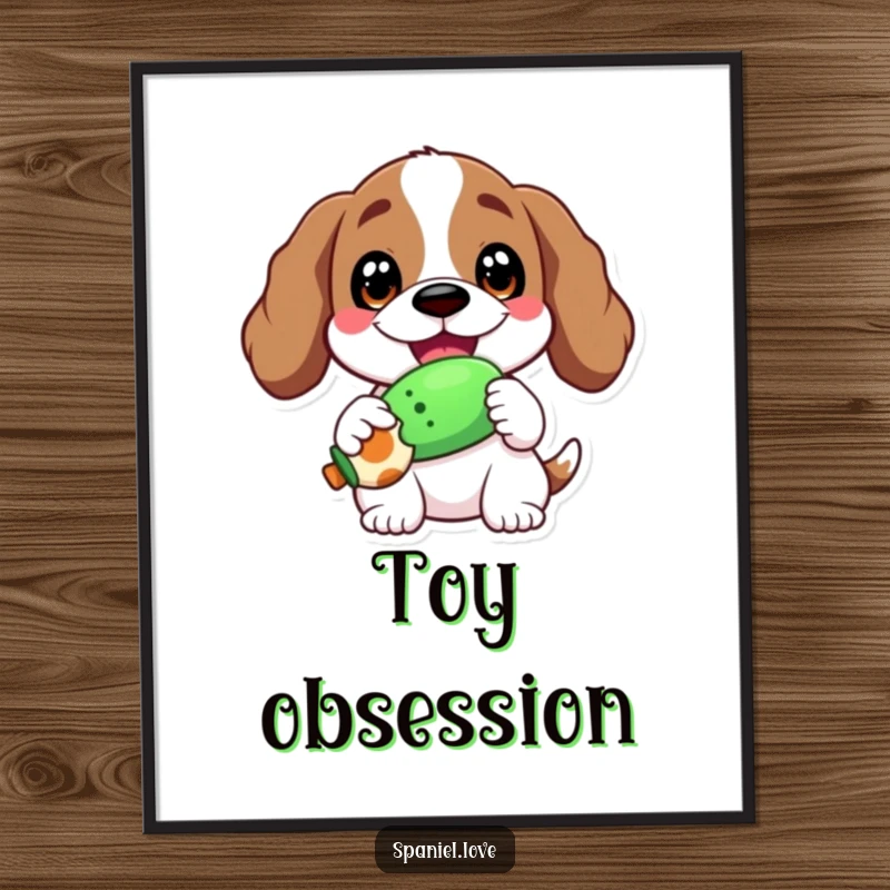 Funny digital art print of a spaniel with a wide, ecstatic grin, happily holding a squeaky toy.