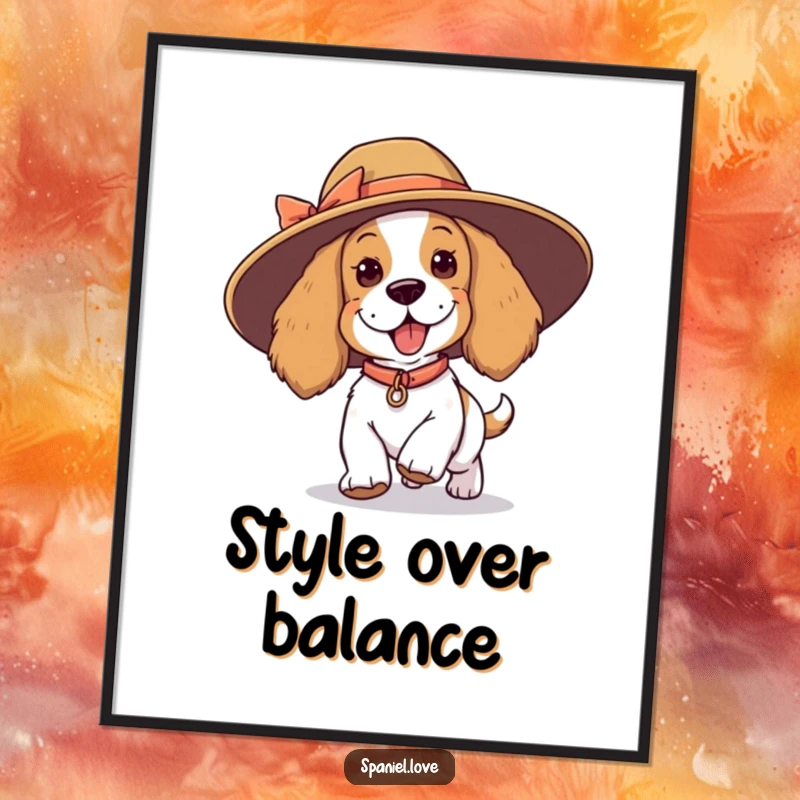 Funny spaniel digital art print, a playful dog tripping with an oversized hat, vibrant and humorous wall decor.