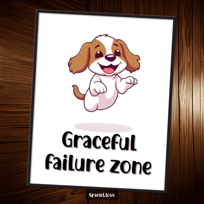 Funny spaniel digital art print capturing a dog’s clumsy jump and giggle, perfect for instant humorous decor.