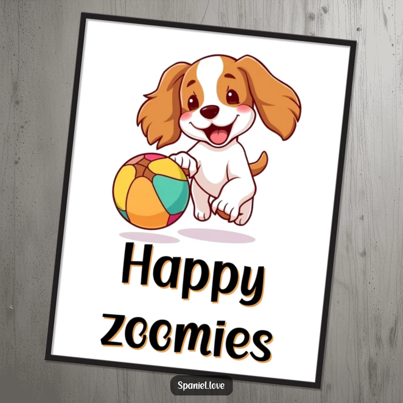Funny digital art print of a spaniel dog with ears flapping, joyfully chasing a colorful bouncing ball, capturing energetic canine bliss.