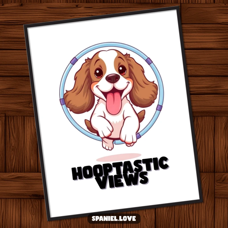 Funny spaniel digital art print showing a happy dog mid-hula hoop jump, tongue out, bringing playful humor and canine joy.
