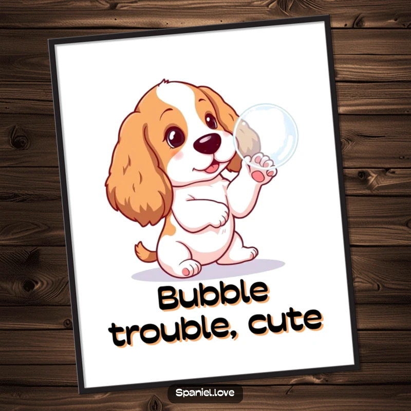 Funny Spaniel pup digital art print, playfully pawing at a shimmering bubble, capturing a moment of pure, delightful puppy energy.