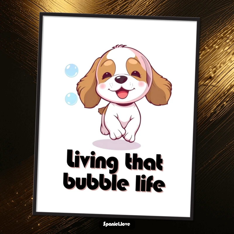 Funny spaniel digital art print, an excited dog enthusiastically chasing a shimmering bubble, vibrant and humorous wall decor.