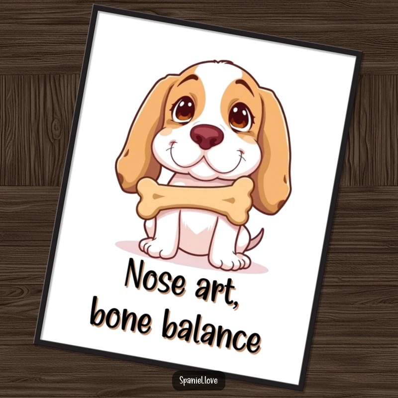 Funny Spaniel Digital Art: A spaniel balances a bone on its nose with humorous concentration, a delightful piece for your walls.