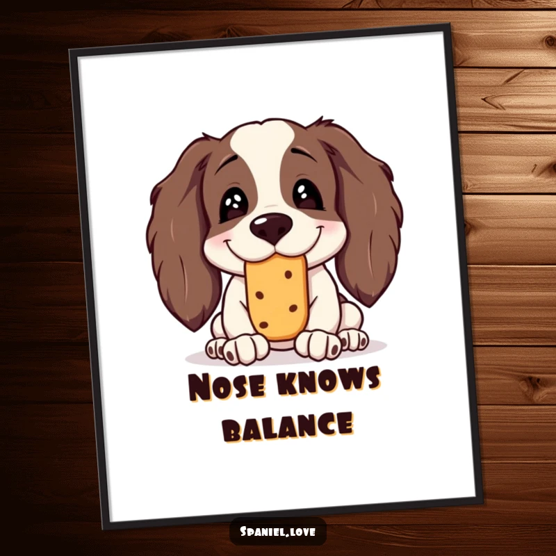 Funny Spaniel Digital Art Print: A spaniel with a silly grin is humorously attempting to balance a treat on its nose.