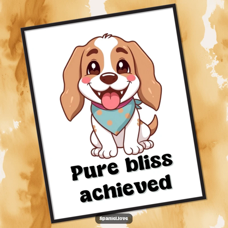 Funny spaniel dog in a bandana, panting happily, digital art print, conveying cheer.