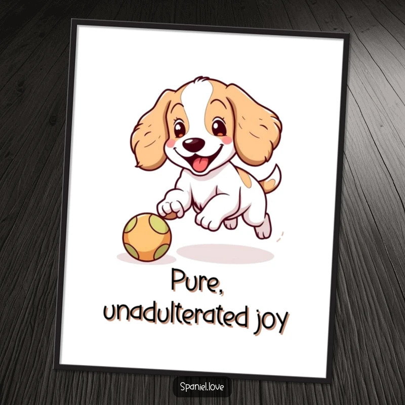 Funny Spaniel digital art print of a happy Spaniel character with floppy ears joyfully chasing a bouncing ball, full of playful energy.