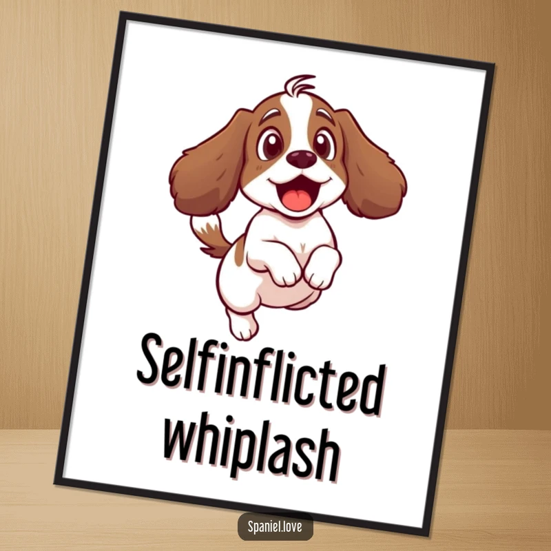 Funny digital art print of a surprised spaniel character comically leaping back from its own vigorously wagging tail.