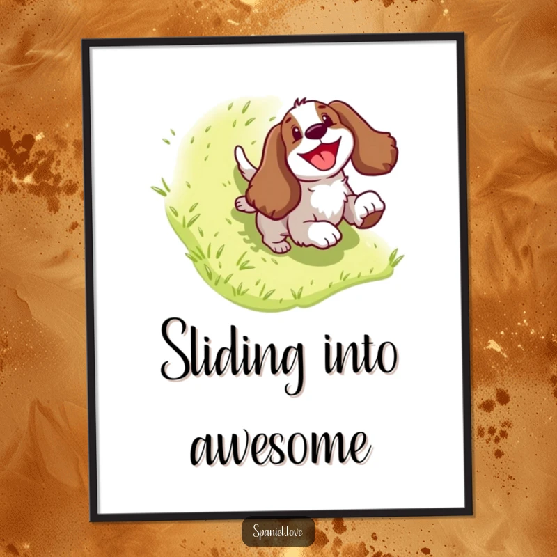 Funny Spaniel Digital Art Print: A vibrant, high-quality image of a dog gleefully sliding down a hill, ready to brighten any room.