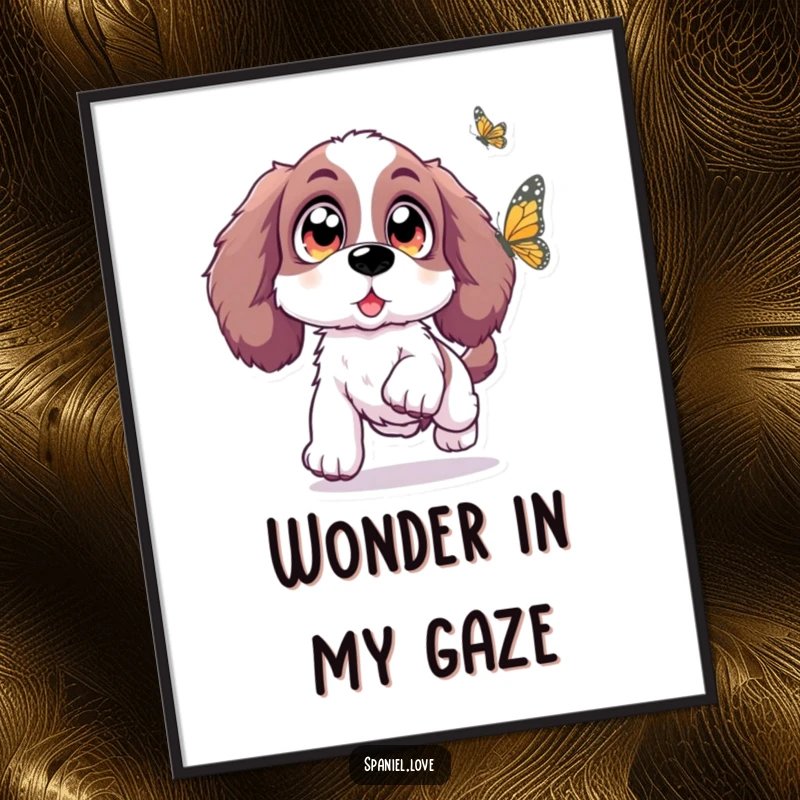 Funny Spaniel digital art print of a Spaniel with oversized, sparkling eyes leaping with excitement towards a butterfly, full of whimsical charm.