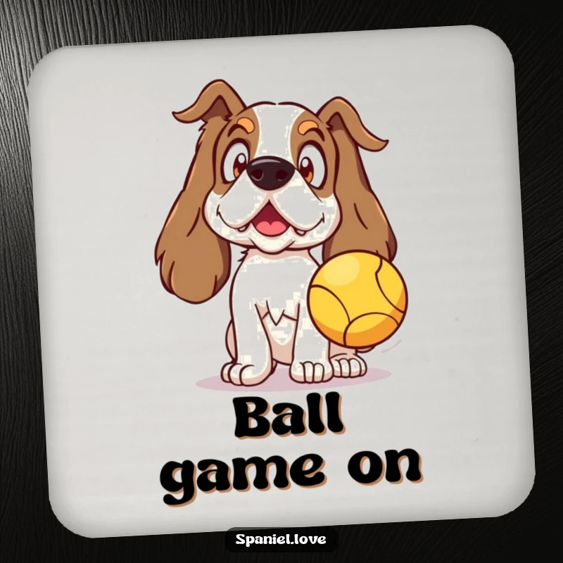 Funny Spaniel Coasters featuring a surprised spaniel anticipating a thrown ball, adding humor to tabletops.