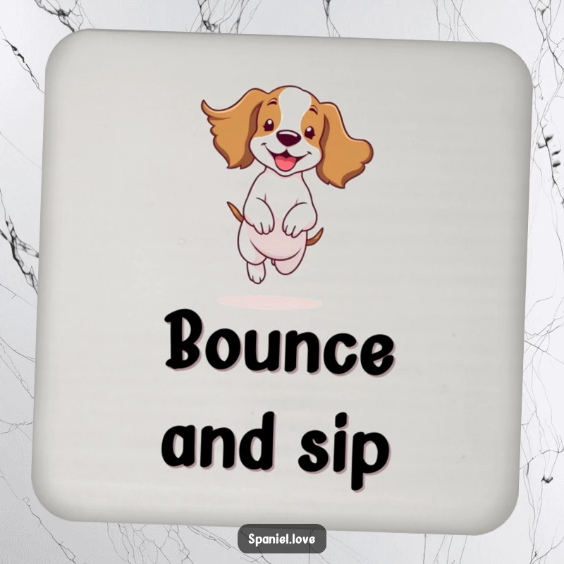 Funny spaniel character happily bouncing with ears flapping in the wind on a drink coaster, protecting tables with canine joy.