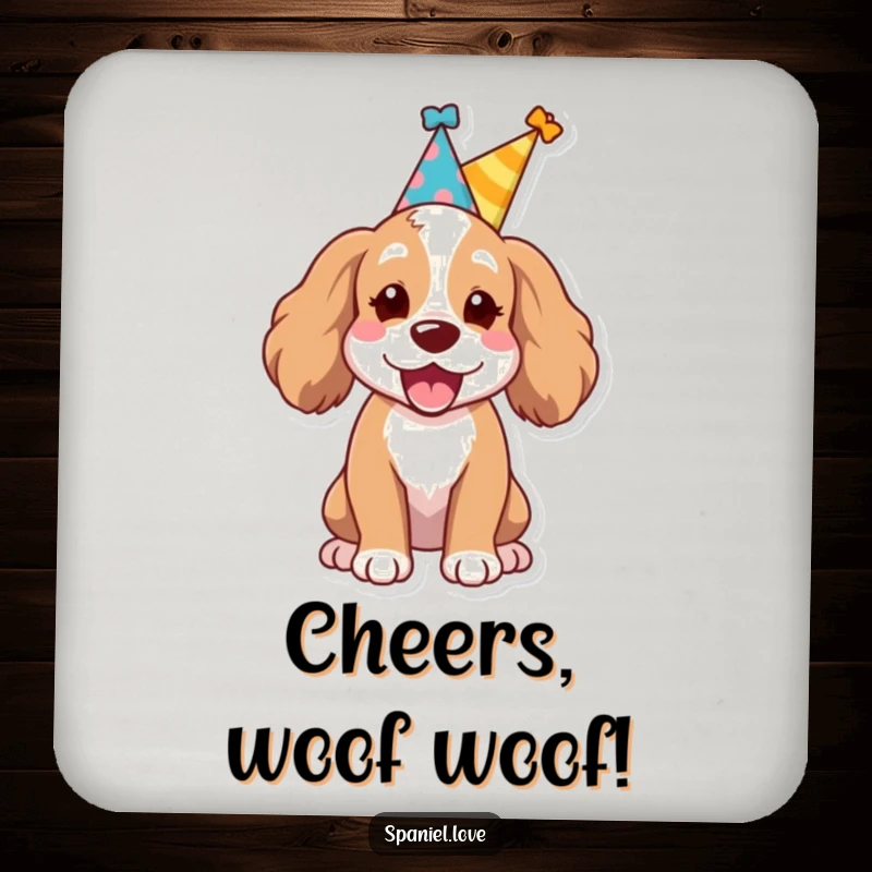 Funny Spaniel dog wearing a small party hat, letting out a joyful bark on a drink coaster, protecting surfaces with cheer.