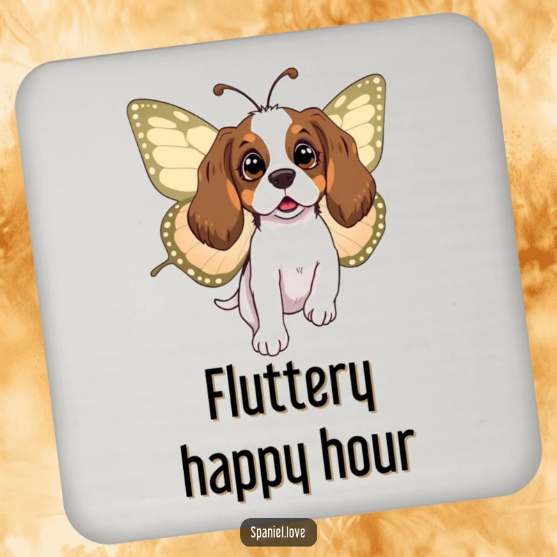 Funny spaniel drink coasters depicting a surprised dog being carried by a large butterfly, adding whimsical charm and humor.