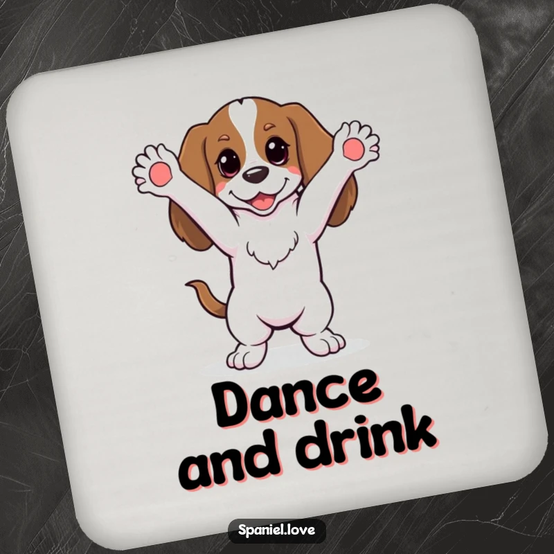 Funny spaniel doing a silly dance with paws in the air on a drink coaster, adding humorous celebration to tables.