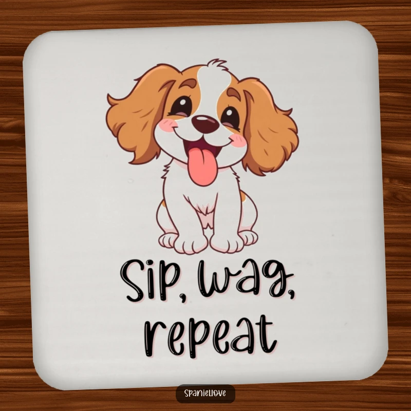 Funny Spaniel Coaster: A gleeful dog spinning with delight, tongue happily out, protecting surfaces with humor.