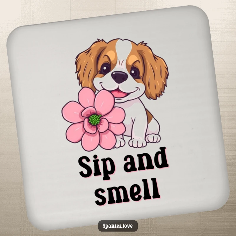 Funny spaniel with a goofy smile sniffing a giant flower on a drink coaster, protecting tables with canine charm.