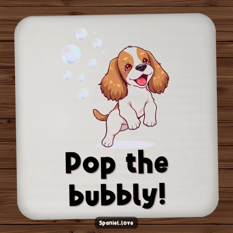 Funny spaniel drink coasters depicting a happy dog joyfully playing with bubbles, adding cheerful humor and protection.