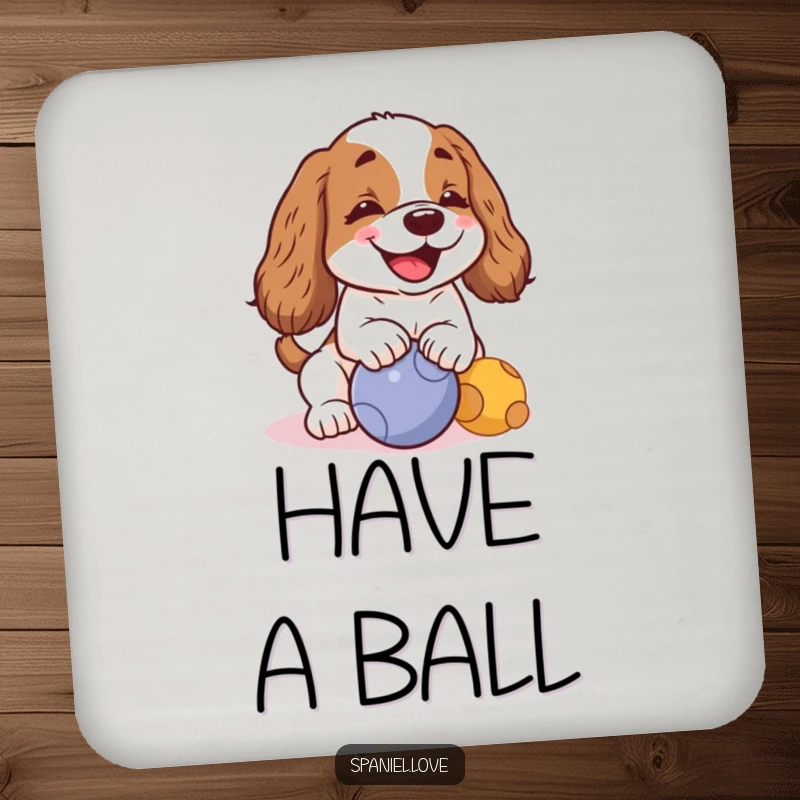 Funny kawaii spaniel barking and nudging a ball on a drink coaster, adding humorous personality to tables.