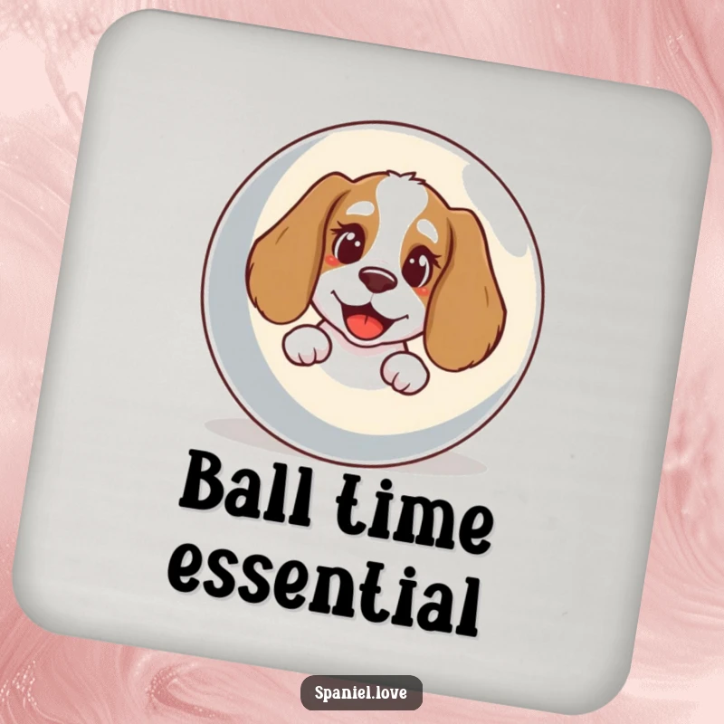 Funny Spaniel Coaster: A coaster featuring a spaniel with a happy bark peeking from behind a giant ball.