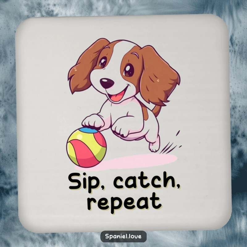 Funny spaniel drink coaster showing a cartoon spaniel joyfully chasing a bouncing colorful ball, ears flapping, protecting surfaces with cheer.