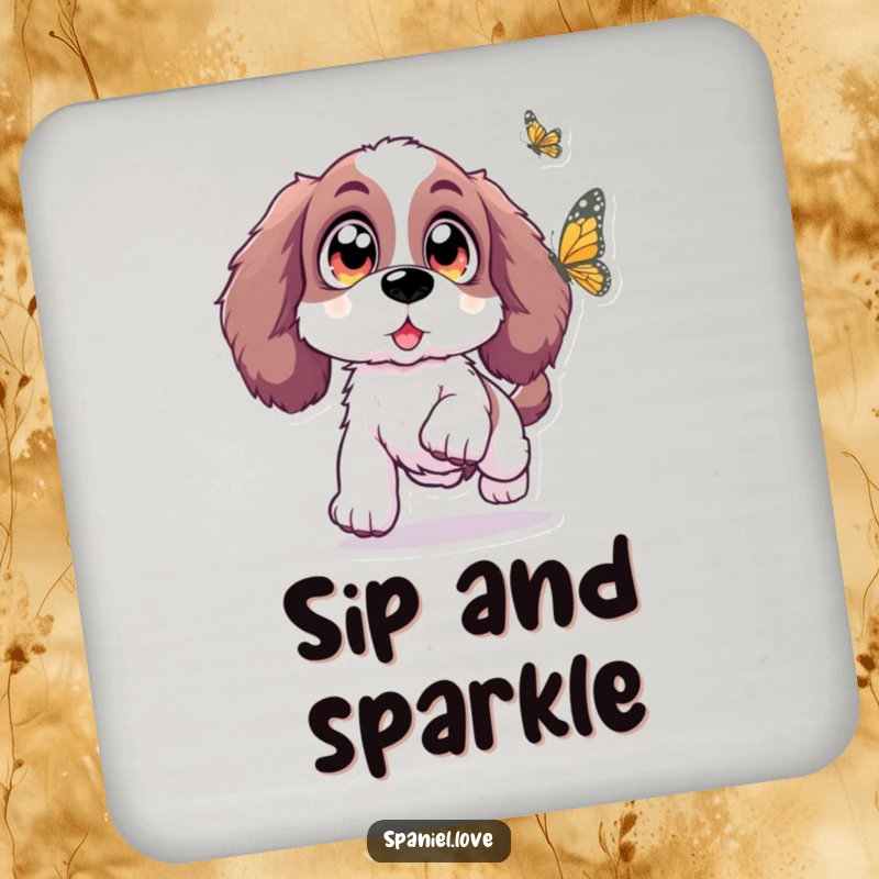 Funny Spaniel coaster showing a Spaniel with oversized, sparkling eyes leaping with excitement towards a butterfly, adding a touch of wonder.