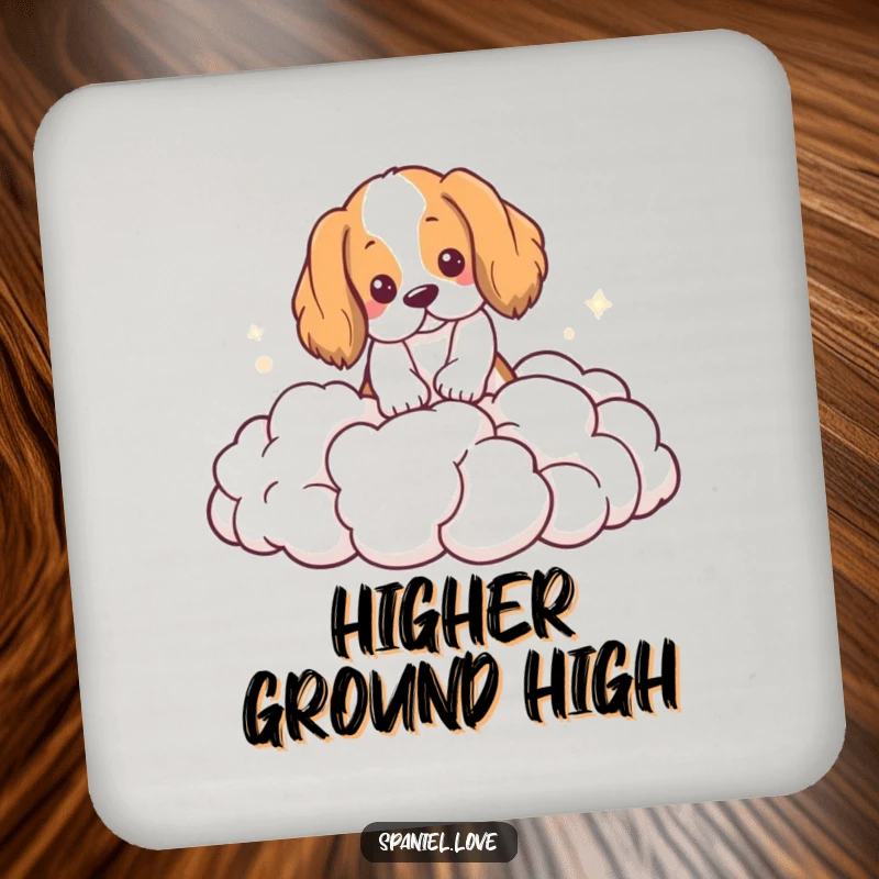 Funny Spaniel Coaster: A coaster depicting a spaniel playfully digging into a pile of soft, white clouds.