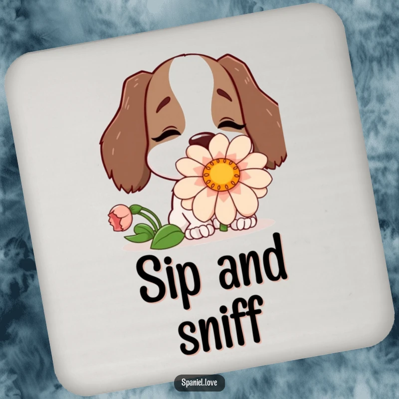 Funny drink coaster depicting a happy spaniel character with its nose buried in a comically large flower.