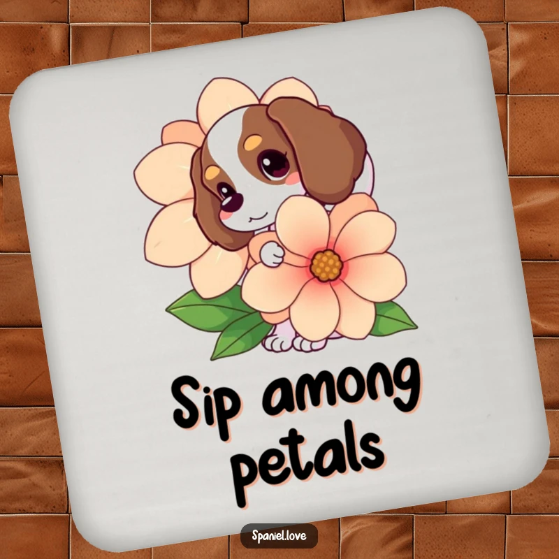 Funny Spaniel coasters, tail wagging happily, peeking from behind a flower, protecting surfaces with humor and cuteness.