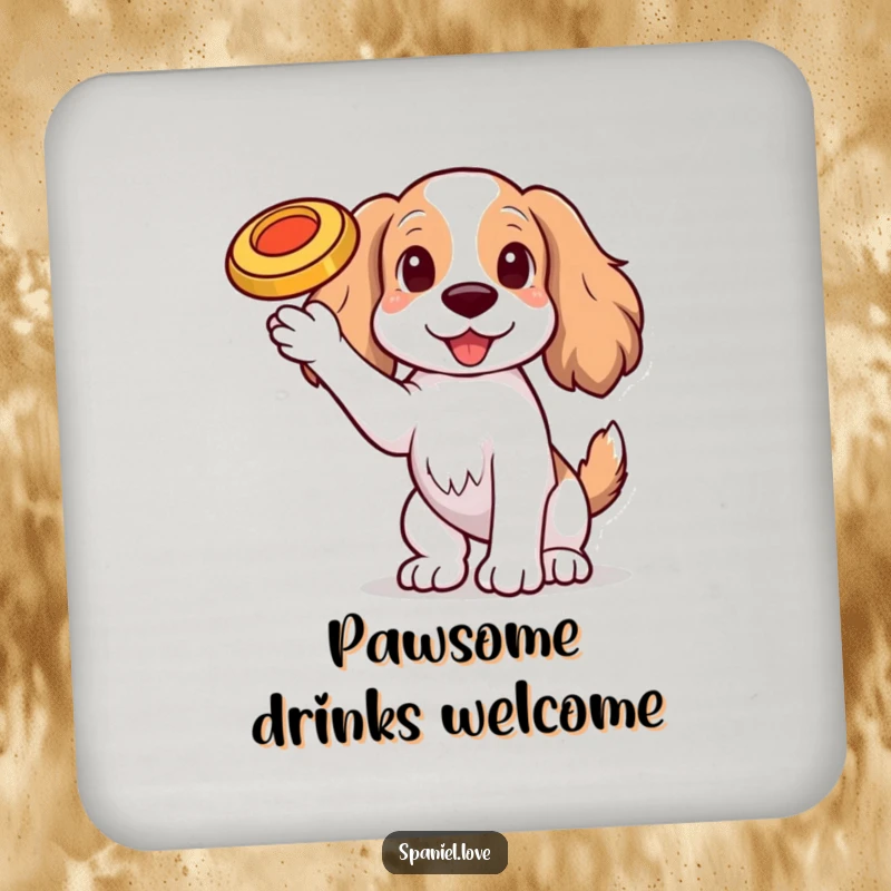 Funny Spaniel dog with one paw raised, balancing a tiny, spinning frisbee on its nose on a drink coaster, protecting surfaces.